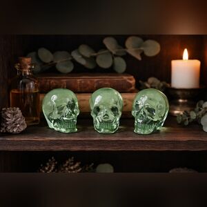 Set of 3 Green Glass Skull Decor Gothic Halloween Crystal Style Mini Skulls